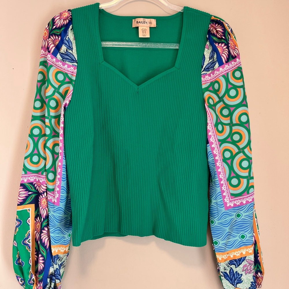 Bailey 44 Green Ribbed Knit Boho Satin Ballon Sleeves Top sz XL - Picture 3 of 12